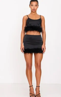 Black Textured Satin Feather Trim Strappy Top