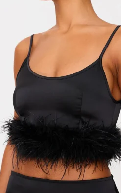 Black Textured Satin Feather Trim Strappy Top