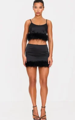 Black Textured Satin Feather Trim Mini Skirt