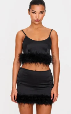 Black Textured Satin Feather Trim Mini Skirt
