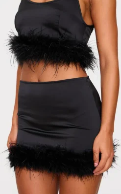 Black Textured Satin Feather Trim Mini Skirt