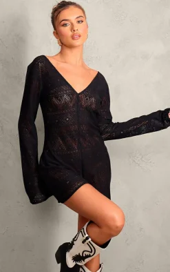 Black Textured Scoop Neck Long Sleeve Unitard