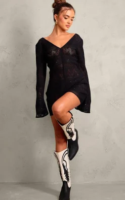 Black Textured Scoop Neck Long Sleeve Unitard