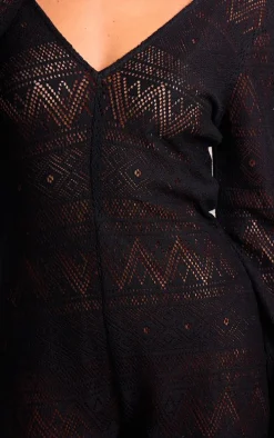 Black Textured Scoop Neck Long Sleeve Unitard