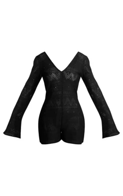 Black Textured Scoop Neck Long Sleeve Unitard