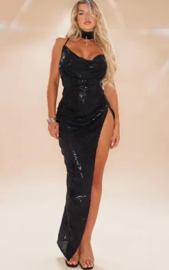 Black Textured Sequin Cowl Neck Thigh Split Maxi Dress