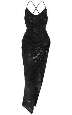 Black Textured Sequin Cowl Neck Thigh Split Maxi Dress