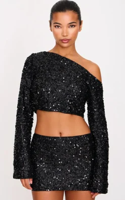 Black Textured Sequin Long Sleeve Top