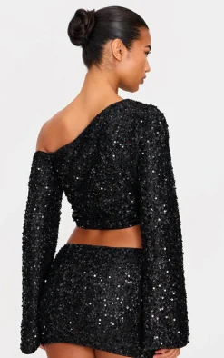 Black Textured Sequin Long Sleeve Top