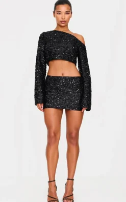 Black Textured Sequin Micro Mini Skirt
