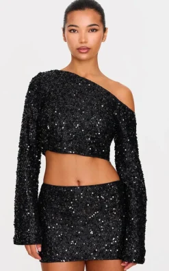 Black Textured Sequin Micro Mini Skirt