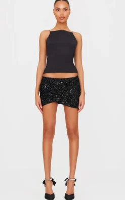 Black Textured Sequin Mini Skirt