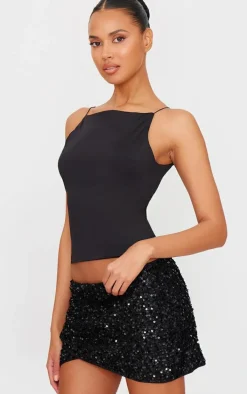 Black Textured Sequin Mini Skirt