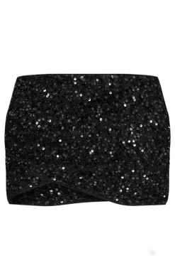 Black Textured Sequin Mini Skirt