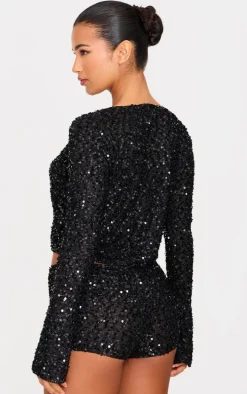 Black Textured Sequin Tie Top