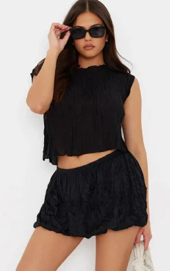 Black Textured Sheer Crew Neck Sleeveless Top