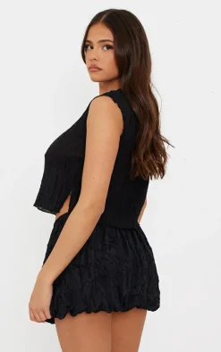 Black Textured Sheer Crew Neck Sleeveless Top