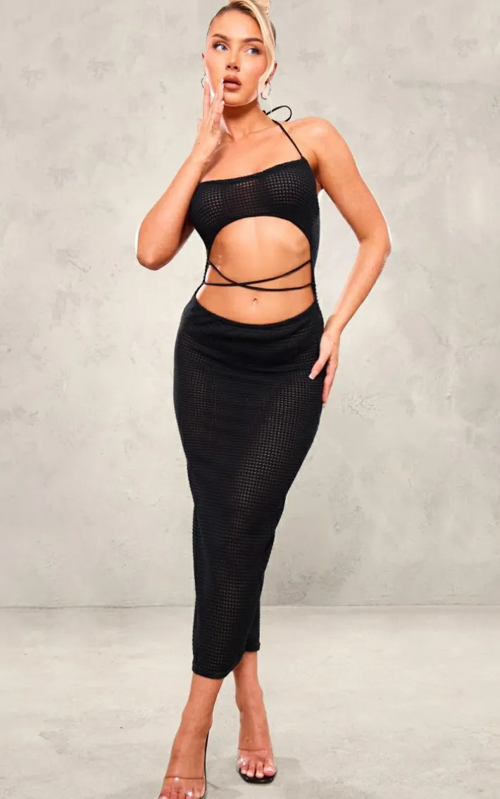 Black Textured Sheer Cross Front Halterneck Midaxi Dress