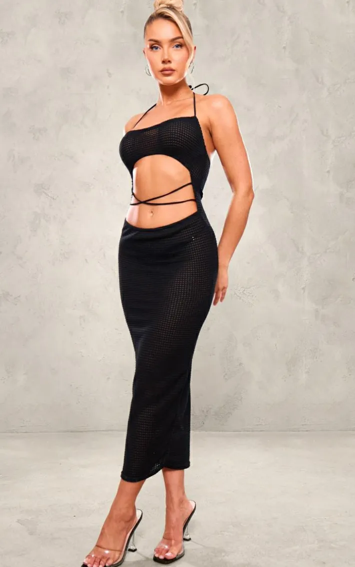 Black Textured Sheer Cross Front Halterneck Midaxi Dress