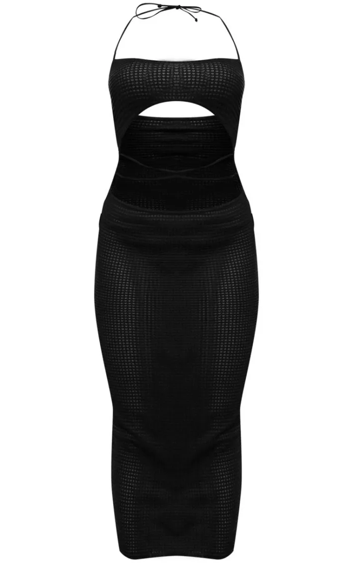 Black Textured Sheer Cross Front Halterneck Midaxi Dress