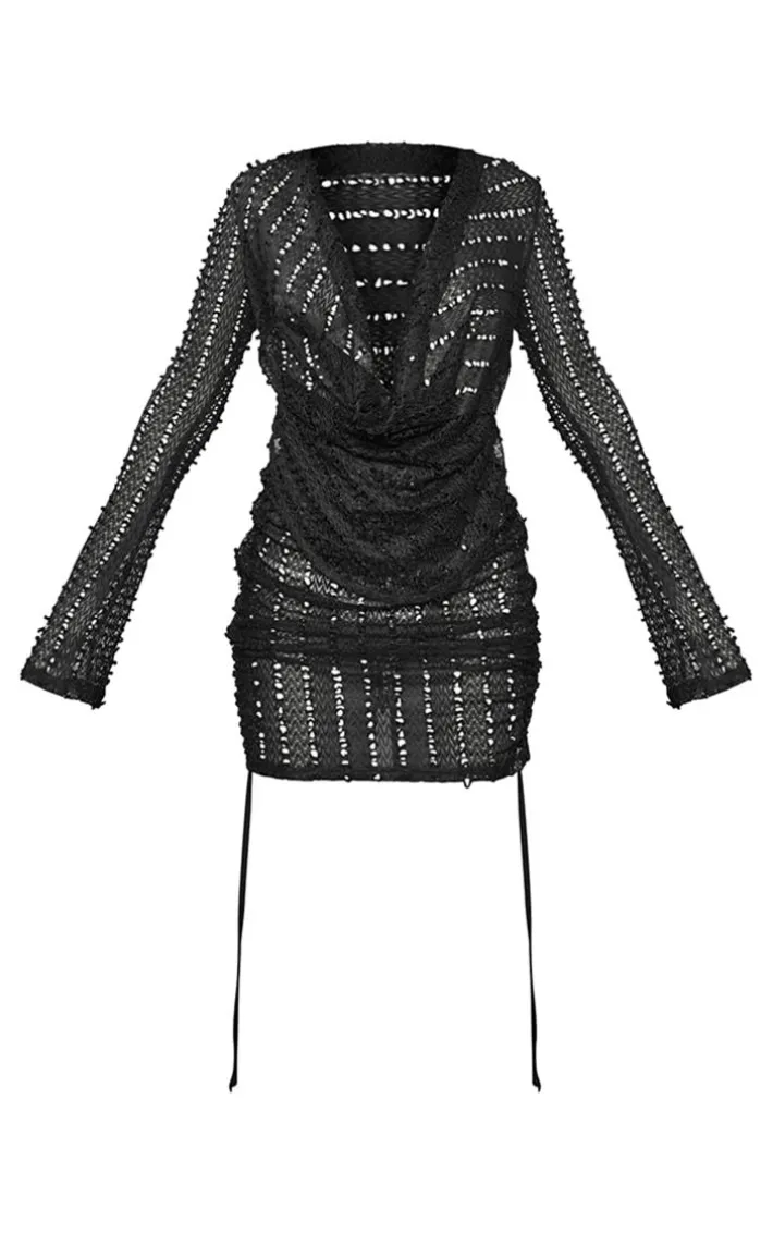 Black Textured Sheer Extreme Cowl Bodycon Dress