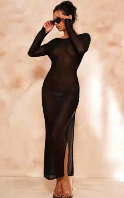 Black Textured Sheer Knit Scoop Back Maxi Dress