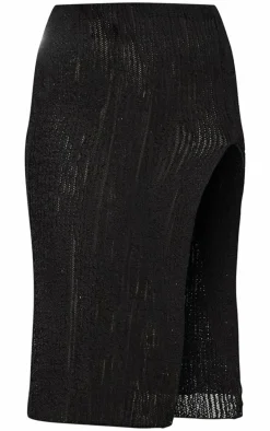 Black Textured Split Midaxi Skirt
