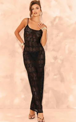 Black Textured Strappy Midaxi Dress