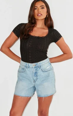 Black Textured Stretch Lace Trim Short Sleeve Bodysuit
