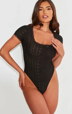 Black Textured Stretch Lace Trim Short Sleeve Bodysuit