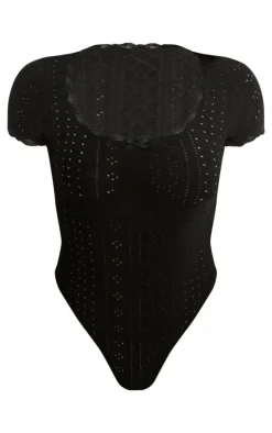 Black Textured Stretch Lace Trim Short Sleeve Bodysuit