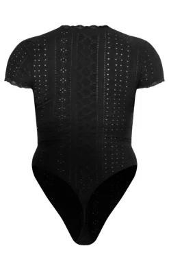Black Textured Stretch Lace Trim Short Sleeve Bodysuit