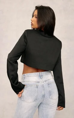 Black Textured Tailored Cropped Jacket