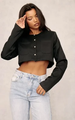 Black Textured Tailored Cropped Jacket