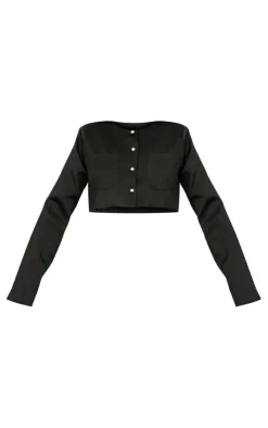 Black Textured Tailored Cropped Jacket
