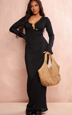 Black Textured Trim Long Flared Sleeve Maxi Dress