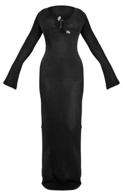 Black Textured Trim Long Flared Sleeve Maxi Dress