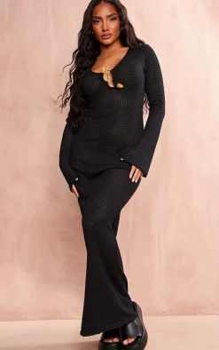 Black Textured Trim Long Flared Sleeve Maxi Dress