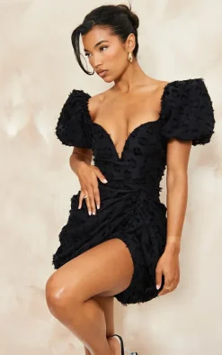 Black Textured Underwired Plunge Drape Bodycon Dress