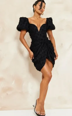 Black Textured Underwired Plunge Drape Bodycon Dress
