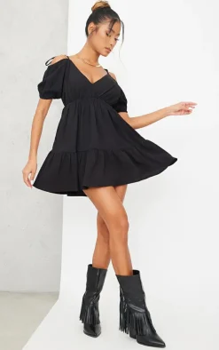 Black Textured V Neck Puff Sleeve Shift Dress