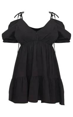 Black Textured V Neck Puff Sleeve Shift Dress