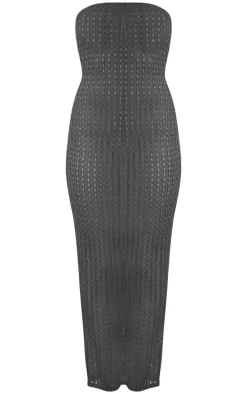 Black Textured Wave Bandeau Midaxi Dress
