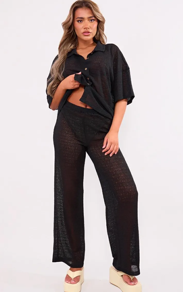 Black Textured Wide Leg Pants