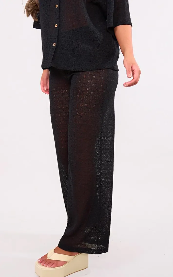 Black Textured Wide Leg Pants