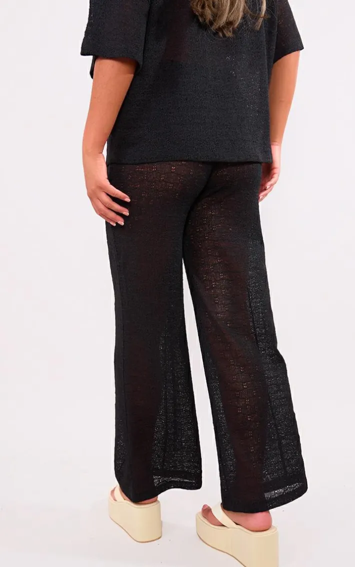 Black Textured Wide Leg Pants