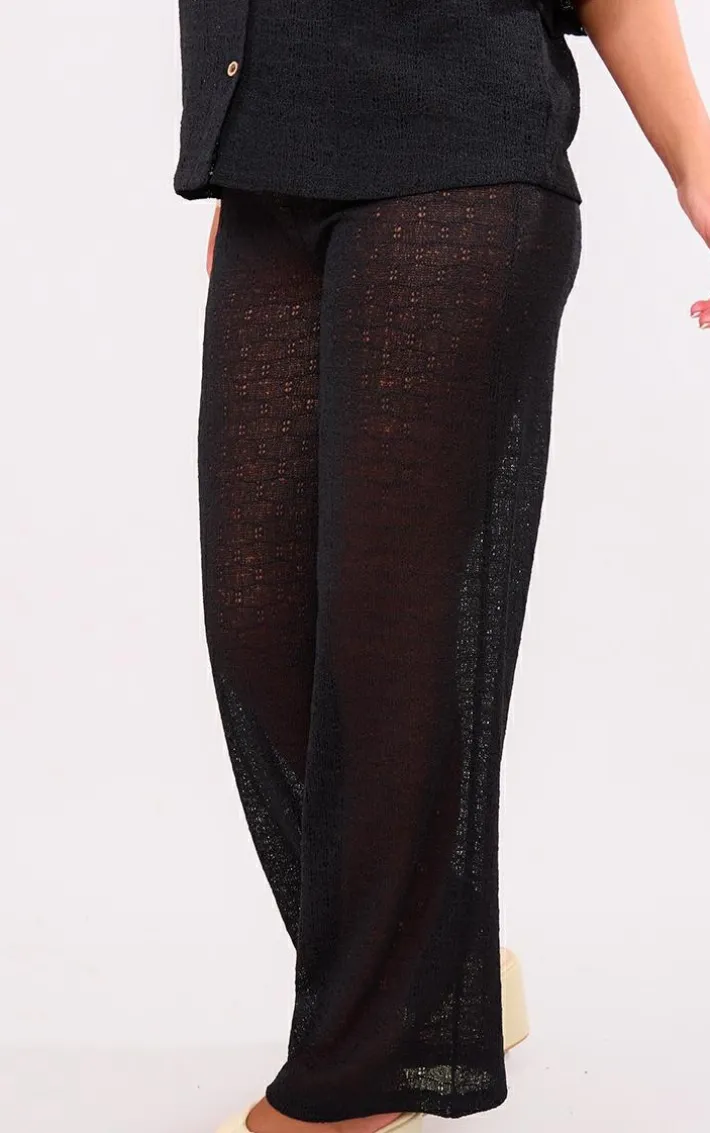 Black Textured Wide Leg Pants
