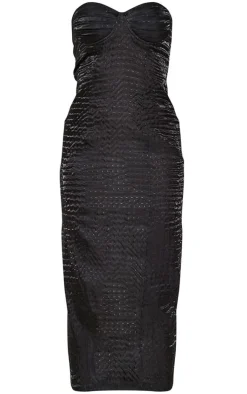 Black Textured Woven Cup Detail Midaxi Dress