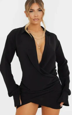 Black Textured Woven Extreme Plunge Bell Cuff Shirt Dress