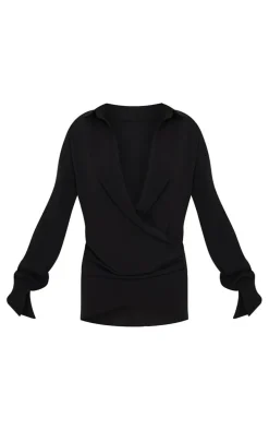 Black Textured Woven Extreme Plunge Bell Cuff Shirt Dress